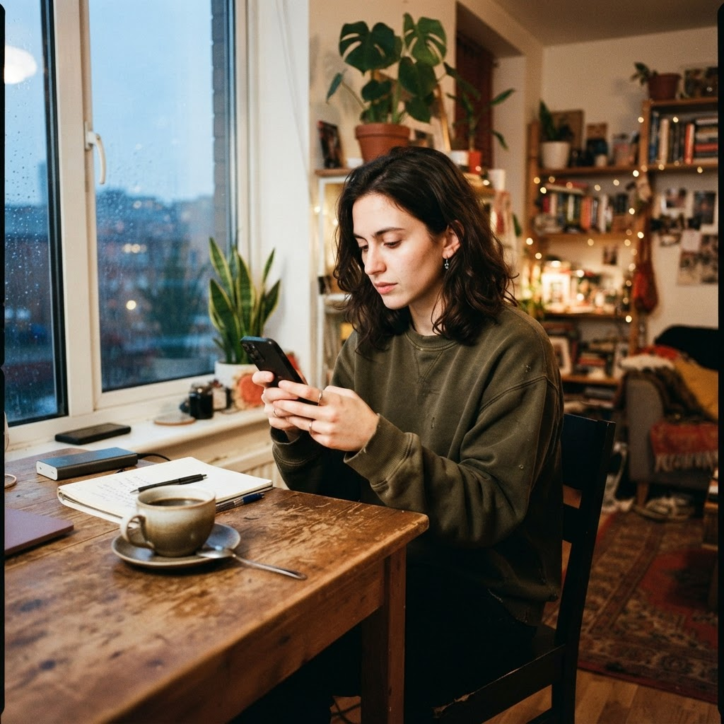 A creator calmly checking their phone by a window
