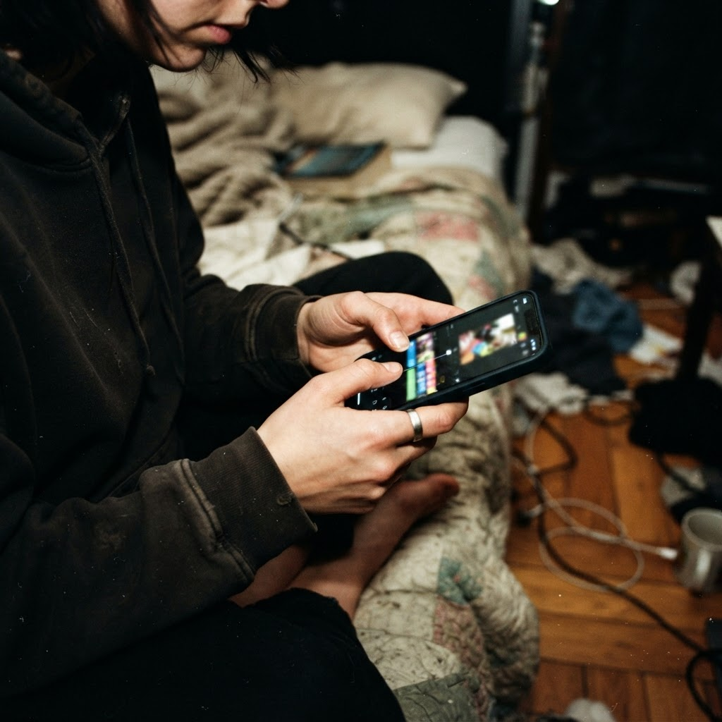 Close crop of a creator editing a short-form video on their phone