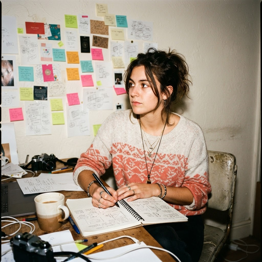 A creator sketching a content plan with sticky notes on the wall behind them